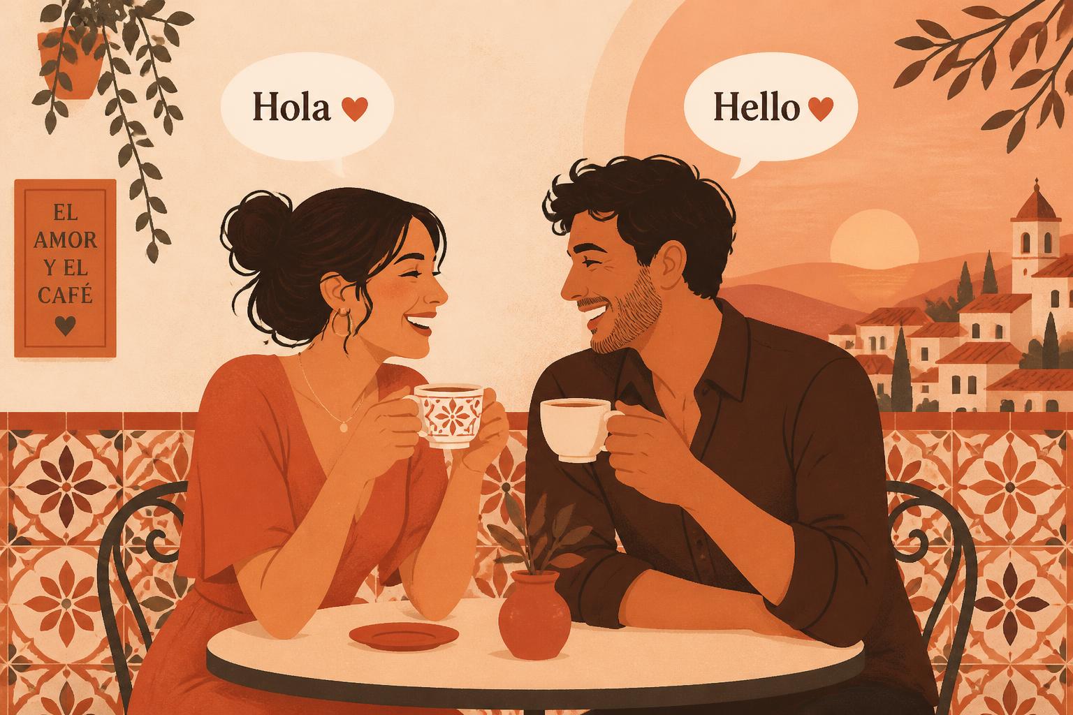 Illustration of a couple practicing Spanish and English over coffee